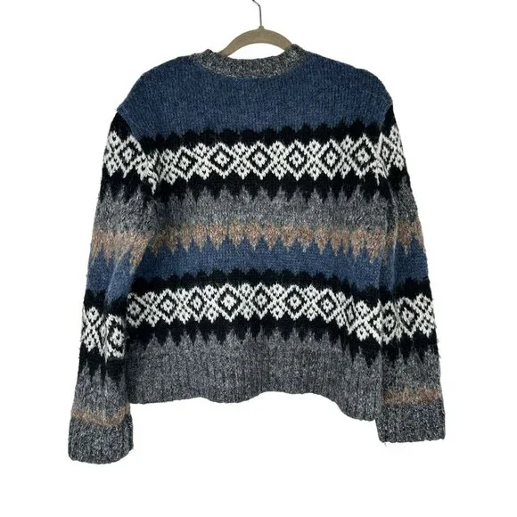 Evereve Womens Size Medium Fair Isle Knit Sweater Blue/Gray Long Sleeve - Picture 2 of 11